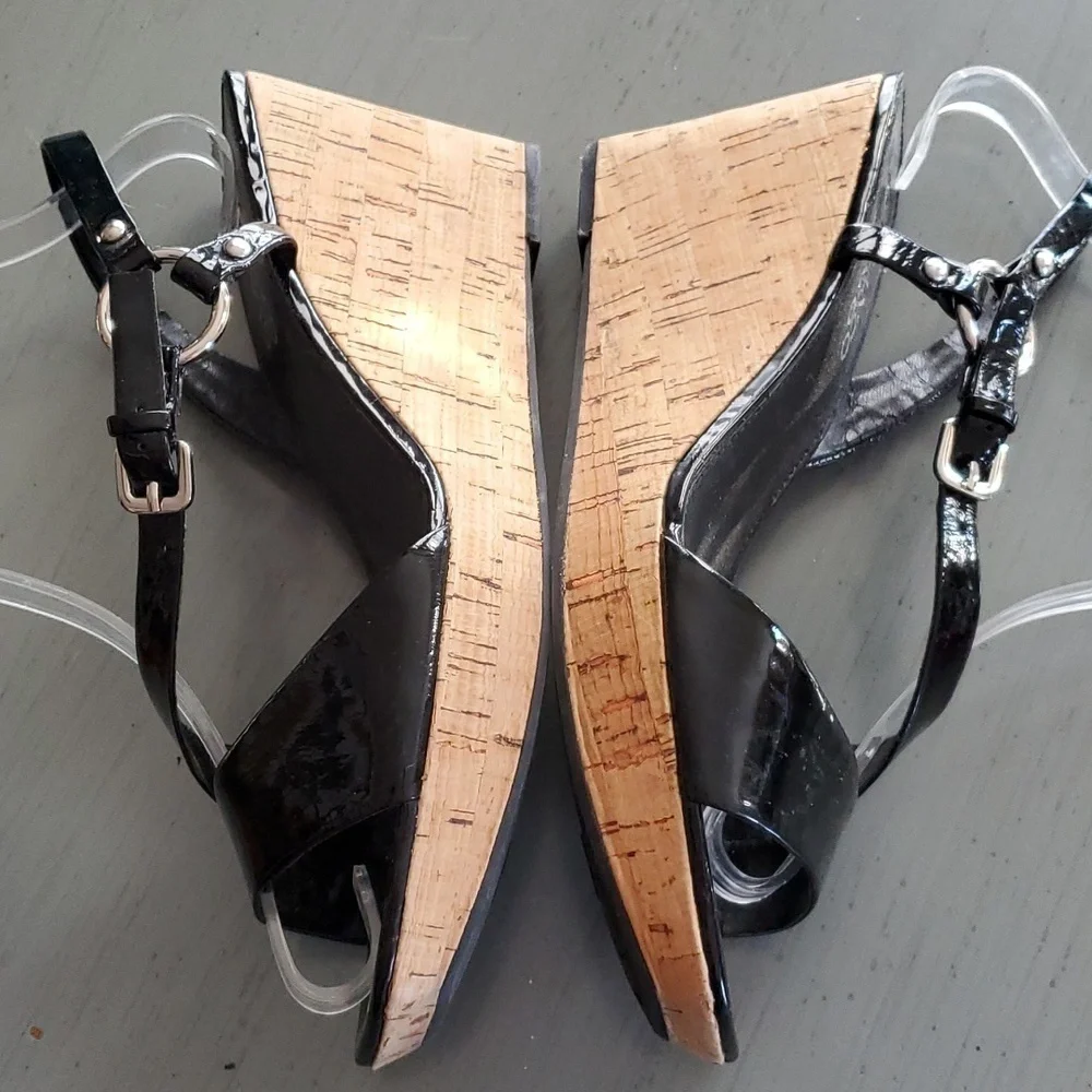 Franco Sarto|Womens  Black/ Cork Strappy Wedge Sandal Heels Evening Office Sz.8